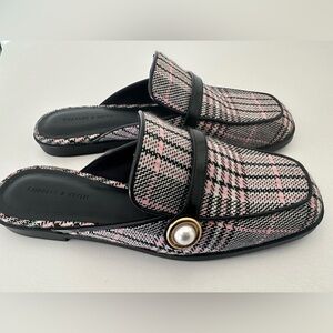 Charles & Keith Plaid Pearl-Embellished Loafer Mules